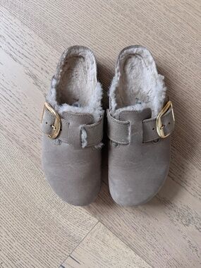 Birkenstock Boston Shearling Clogs Taupe Suede Fur Lined Size 40 / US 9